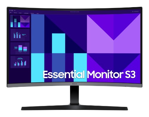 27-inch Samsung curved Full HD monitor with slim black bezel and stand, displaying colorful charts and graphics.