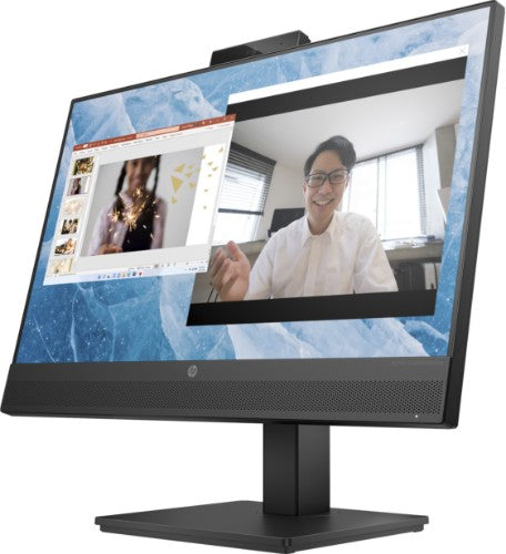 23.8-inch HP M24m monitor with webcam, slim black bezel, and sturdy rectangular stand displaying video call and photo.