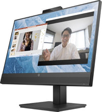 23.8-inch HP M24m monitor with webcam, slim black bezel, and sturdy rectangular stand displaying video call and photo.