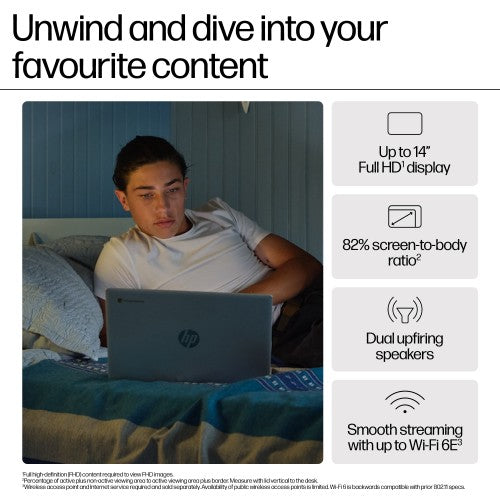 HP Chromebook 14a-nf0002sa Intel® N N100 35.6 cm (14") HD 4 GB LPDDR5-SDRAM 128 GB Flash Wi-Fi 6E (802.11ax) ChromeOS Grey