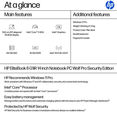 HP EliteBook 6 G1iR Wolf Pro Security Edition Intel Core 5 120U Laptop 35.6 cm (14") WUXGA 16 GB DDR5-SDRAM 512 GB SSD Wi-Fi 6E (802.11ax) Windows 11 Pro Silver