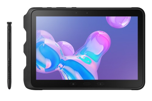 Black rugged Samsung Galaxy Tab Active Pro tablet with stylus and colorful abstract wallpaper on screen.