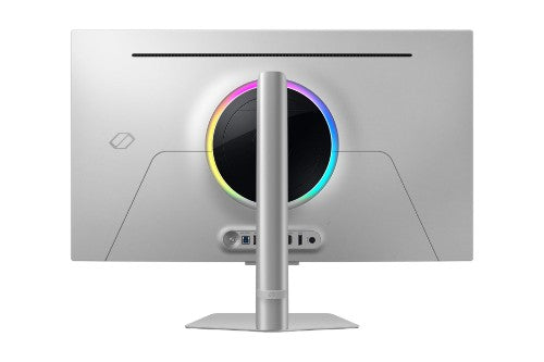 Samsung 32" Odyssey OLED G80SD UHD gaming monitor rear view with circular RGB lighting and silver stand.