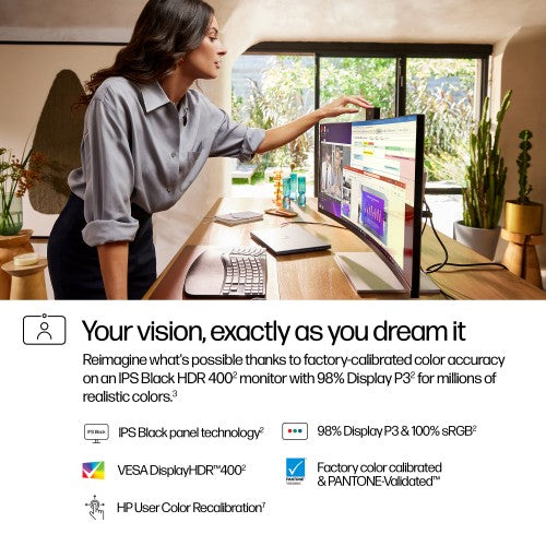 34-inch ultra-wide HP monitor on desk displaying colorful graphs and charts next to woman adjusting screen angle.