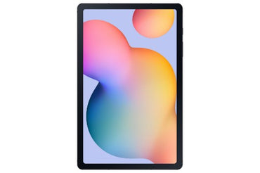 Samsung Galaxy Tab S6 Lite LTE in grey with 10.4-inch display showing colorful abstract wallpaper.