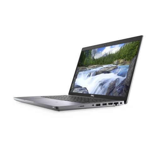 Grey Dell Latitude 5420 laptop open at an angle with river landscape wallpaper on the 14-inch screen.