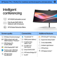 HP Series 7 Pro 34-inch curved WQHD monitor with ultra-wide display showing colorful abstract screen.