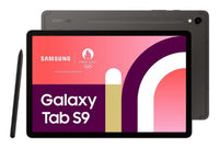 Samsung Galaxy Tab S9 graphite tablet with stylus, 11-inch display, front and back view visible.