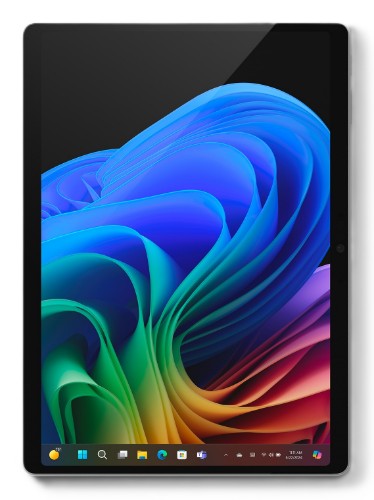 Microsoft Surface Pro 11 tablet with vibrant abstract blue and green swirl wallpaper on screen.