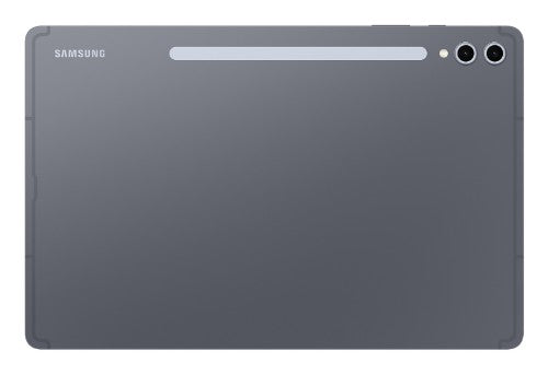 Samsung Galaxy Tab S10+ tablet back in gray with dual rear cameras and stylus slot on top edge.