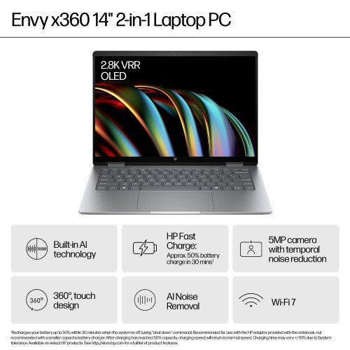 HP ENVY x360 14-fc0007na Intel Core Ultra 5 125U Hybrid (2-in-1) 35.6 cm (14") Touchscreen 2K 16 GB LPDDR5-SDRAM 512 GB SSD Wi-Fi 6E (802.11ax) Windows 11 Home AI PC Silver