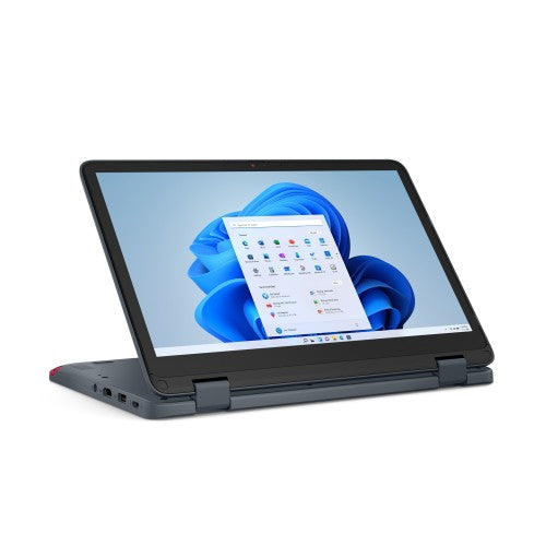 Lenovo 300w Yoga Gen 4 11.6" touchscreen laptop in academic grey, tent mode, Windows 11 Pro displayed.