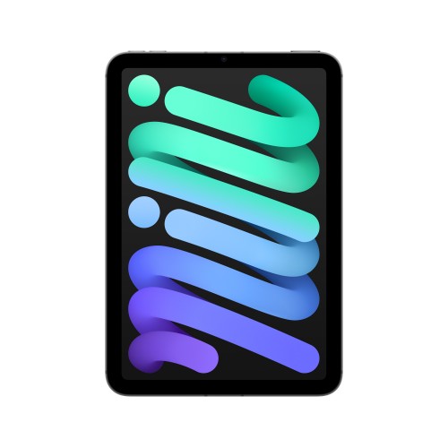 Apple iPad mini 7th Gen with 8.3-inch display in grey, showing colorful ribbon design on screen.