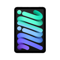 Apple iPad mini 7th Gen with 8.3-inch display in grey, showing colorful ribbon design on screen.