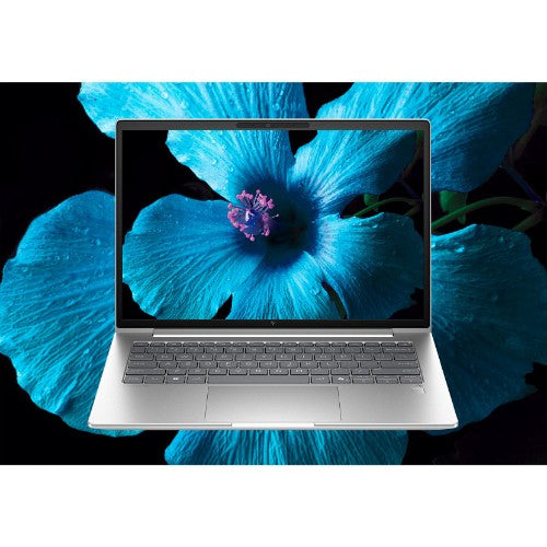 HP EliteBook 14-inch laptop with silver chassis, black keyboard, and vibrant blue flower wallpaper on screen.