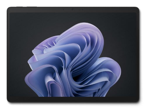 Black Microsoft Surface Pro 10 tablet with 13-inch touchscreen displaying abstract purple-blue wallpaper.