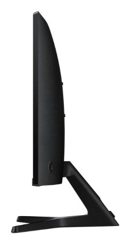 Samsung 27-inch curved monitor in black, side view showing slim profile and angled stand.