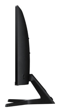 Samsung 27-inch curved monitor in black, side view showing slim profile and angled stand.