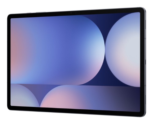 Samsung Galaxy Tab S10+ tablet with 12.4-inch display showing abstract blue and purple wallpaper.
