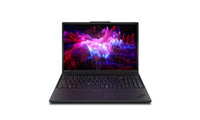 Lenovo ThinkPad P16v Gen 3 black laptop with 16-inch display showing vivid abstract red and purple graphics.