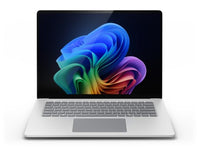 Silver Microsoft Surface Laptop 7 with thin bezel touchscreen and colorful abstract wallpaper.