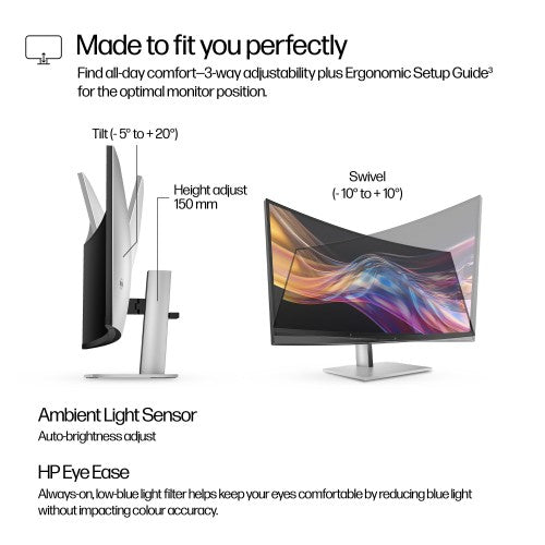 HP Series 7 Pro 37.5-inch WQHD+ monitor with adjustable tilt, height, swivel, and ambient light sensor.