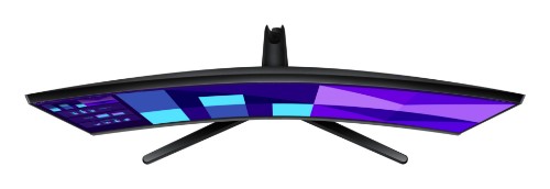 Samsung 27-inch curved Full HD monitor with slim black bezel and dual stand legs viewed from top angle.