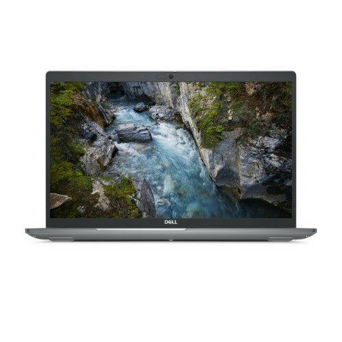 Grey Dell Precision 3591 laptop with 15.6-inch Full HD display showing a river flowing through rocky terrain.
