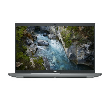 Grey Dell Precision 3591 laptop with 15.6-inch Full HD display showing a river flowing through rocky terrain.