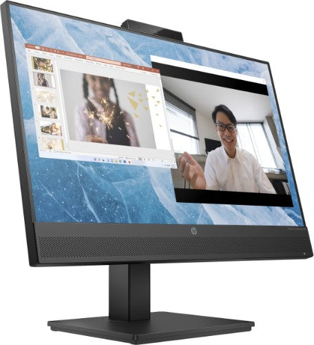 HP M24m monitor displaying video call with webcam on top and sleek black stand.