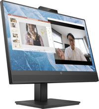 HP M24m monitor displaying video call with webcam on top and sleek black stand.