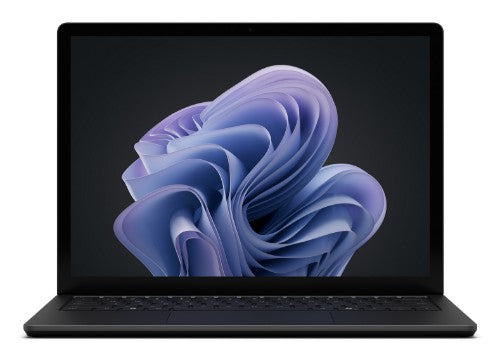 Black Microsoft Surface Laptop 6 with 13.5-inch touchscreen display showing abstract purple wallpaper.