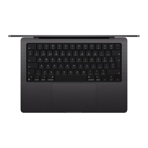 Black Apple MacBook Pro 14-inch with backlit keyboard and slim profile shown from above and side.