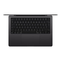 Black Apple MacBook Pro 14-inch with backlit keyboard and slim profile shown from above and side.