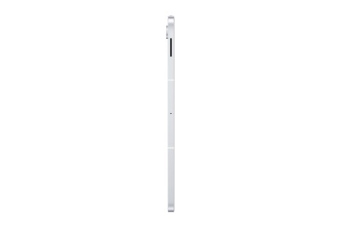 Samsung Galaxy Tab S10 FE+ slim white tablet side view with volume and power buttons.