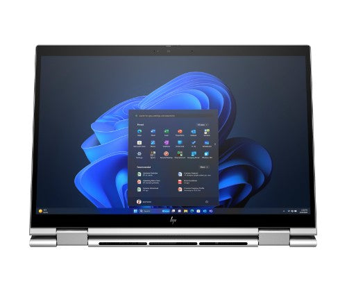 Silver HP Elite x360 13.3-inch 2-in-1 laptop in tent mode with touchscreen displaying Windows 11 Pro desktop.