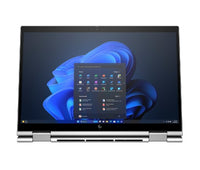 Silver HP Elite x360 13.3-inch 2-in-1 laptop in tent mode with touchscreen displaying Windows 11 Pro desktop.