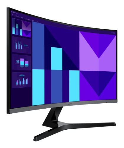 27-inch Samsung curved monitor with slim black bezel and geometric blue-purple display.