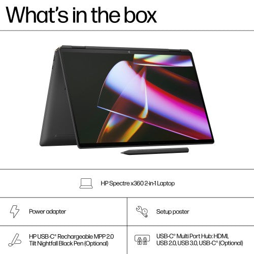 HP Spectre x360 16-aa0004na Intel Core Ultra 7 155H Hybrid (2-in-1) 40.6 cm (16") Touchscreen 3K 16 GB LPDDR5x-SDRAM 1 TB SSD Wi-Fi 7 (802.11be) Windows 11 Home AI PC Black