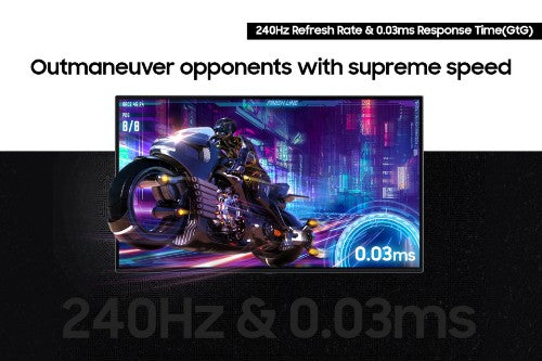 Samsung 32" Odyssey OLED G80SD gaming monitor displaying futuristic motorbike scene with 240Hz refresh rate and 0.