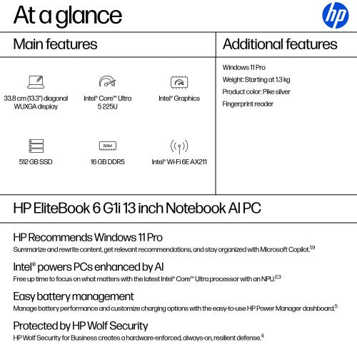 HP EliteBook 6 G1i AI PC Intel Core Ultra 5 225U Laptop 33.8 cm (13.3") WUXGA 16 GB DDR5-SDRAM 512 GB SSD Wi-Fi 6E (802.11ax) Windows 11 Pro Silver