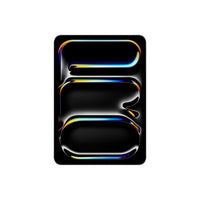 Apple iPad 11-inch Pro in silver with vibrant abstract colorful wallpaper on screen.