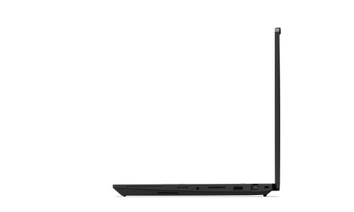 Lenovo ThinkPad P16v Gen 3 black laptop partially open showing slim profile and right-side ports.