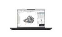 Black Lenovo ThinkPad P16v Gen 3 laptop open showing 3D CAD design on screen.