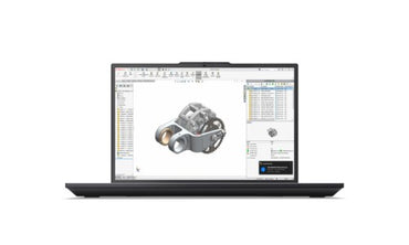 Black Lenovo ThinkPad P16v Gen 3 laptop open showing 3D CAD design on screen.