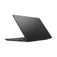 Black Lenovo V15 G4 laptop partially open showing slim profile and matte finish lid.