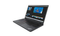 Lenovo ThinkPad P16v Gen 1 black laptop with 16-inch screen displaying video editing software and red TrackPoint on keyboard.