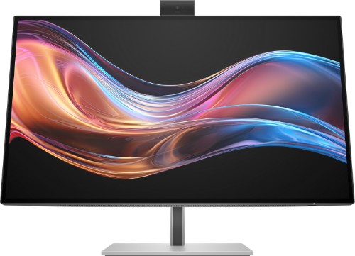 27-inch HP 4K monitor with slim bezels, sleek silver stand, and vibrant abstract wave display.