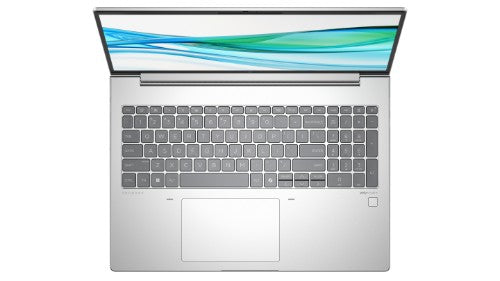 Silver HP ProBook 465 G11 laptop open showing keyboard and 16-inch widescreen display.