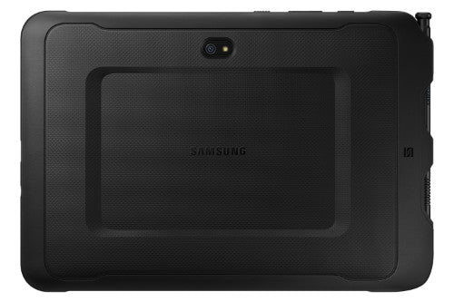 Black Samsung Galaxy Tab Active Pro tablet with rugged casing and rear camera centered at top.